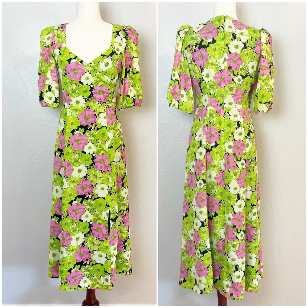 •WAYF• Surplice Neck Puff Sleeve Midi Dress in Green Floral Print Size Size S